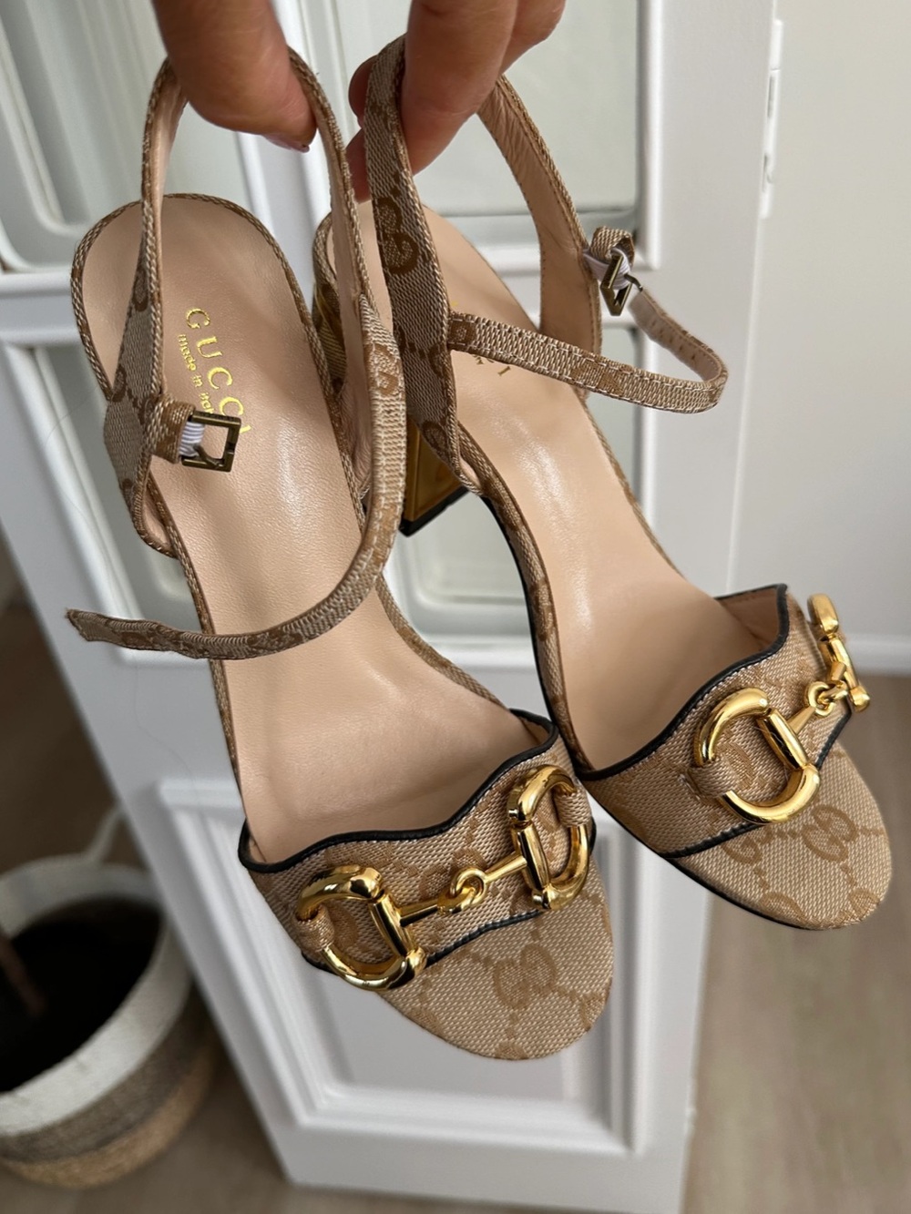 Unbranded Gucci Beige GG Slingback Heels with Gold Hardware